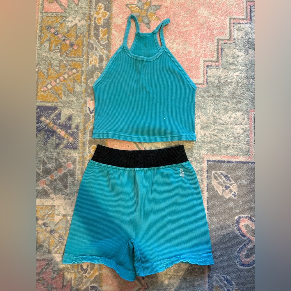 FP Movement by Free People Teal Ribbed Tank and Shorts Set